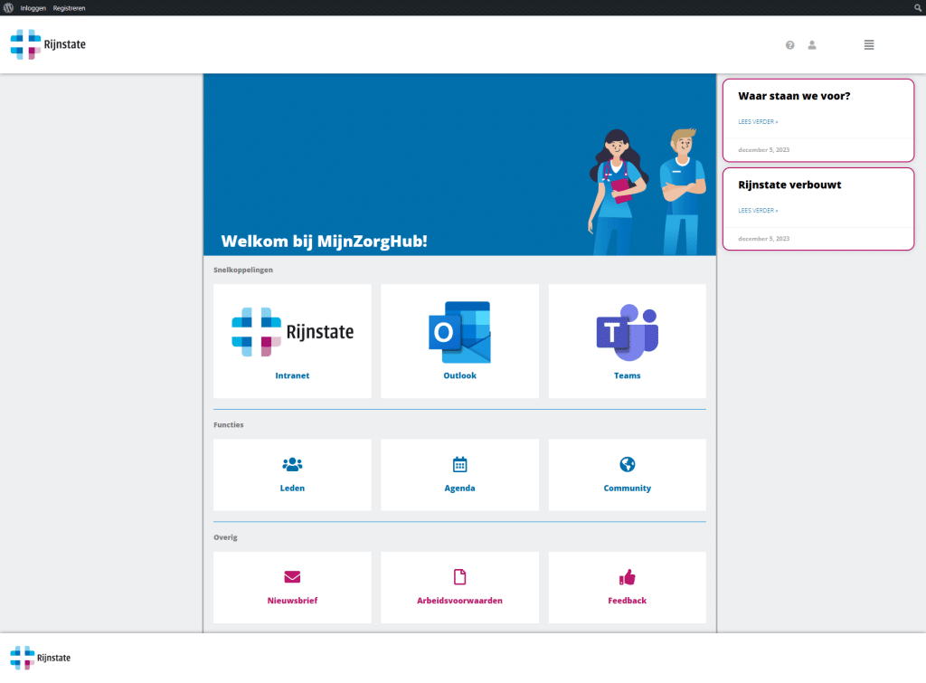 Het MijnZorgHub-dashboard met snelkoppelingen naar de Rijnstate-apps en de nieuwskolom
