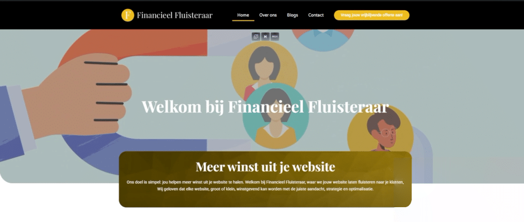De website van Financieel Fluisteraar in zwart en goud, met de navigatie en de offerte-CTA
